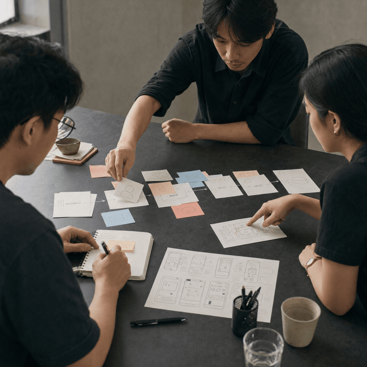 Three product designers arranging a user journey and paper prototypes together